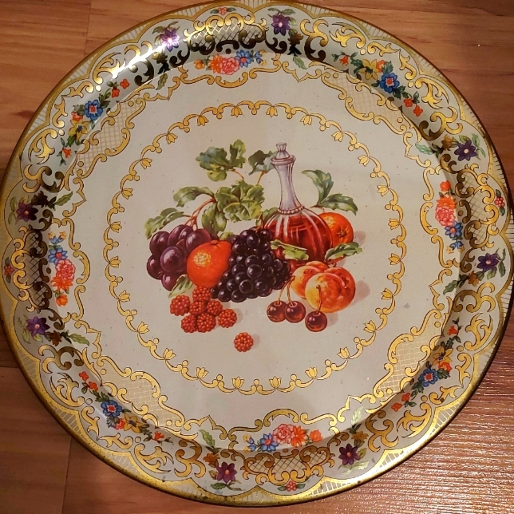 Vintage Daher Decorated Ware Tin Fruits And Wine 825 Serving Tray England Gold